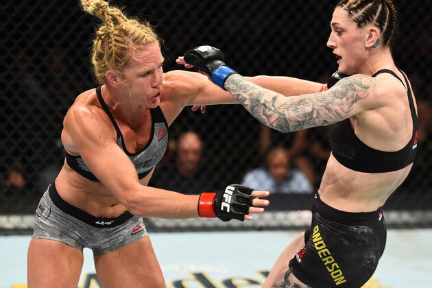 CHICAGO, ILLINOIS - JUNE 09:  (L-R) Holly Holm punches Megan Anderson of Australia in their women's featherweight fight during the UFC 225 event at the United Center on June 9, 2018 in Chicago, Illinois. (Photo by Josh Hedges/Zuffa LLC/Zuffa LLC via Getty Images)