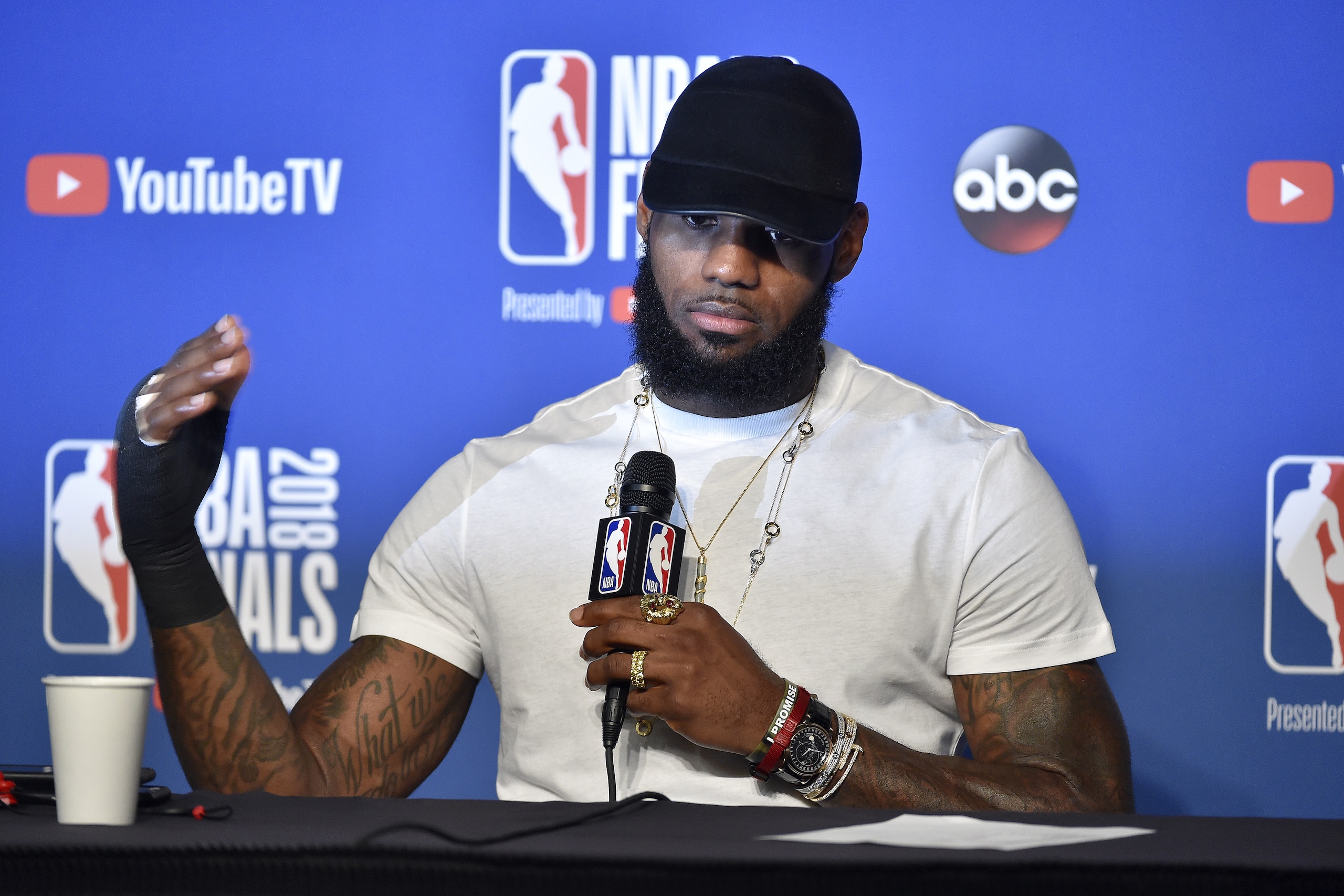 CLEVELAND,OH - LeBron James #23 of the Cleveland Cavaliers speaks with the press after the game against the Golden State Warriors in Game Four of the 2018 NBA Finals on June 8, 2018 at Quicken Loans Arena in Cleveland, Ohio. NOTE TO USER: User expressly acknowledges and agrees that, by downloading and/or using this photograph, user is consenting to the terms and conditions of the Getty Images License Agreement. Mandatory Copyright Notice: Copyright 2018 NBAE (Photo by David Liam Kyle/NBAE via Getty Images)