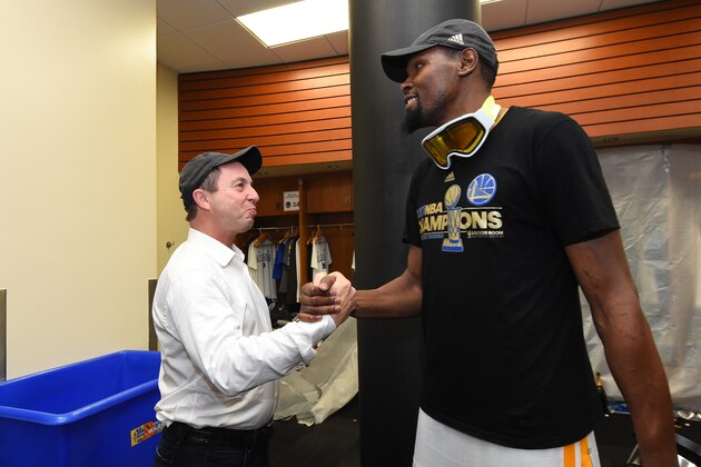 OAKLAND, CA - JUNE 12: Joe Lacob and Kevin Durant #35 of the Golden State Warriors after winning the NBA Championshiop against the Cleveland Cavaliers in Game Five of the 2017 NBA Finals on June 12, 2017 at ORACLE Arena in Oakland, California. NOTE TO USER: User expressly acknowledges and agrees that, by downloading and/or using this photograph, user is consenting to the terms and conditions of Getty Images License Agreement. Mandatory Copyright Notice: Copyright 2017 NBAE (Photo by Andrew D. Bernstein/NBAE via Getty Images) OAKLAND, CA - JUNE 12: Joe Lacob and Kevin Durant #35 of the Golden State Warriors after winning the NBA Championshiop against the Cleveland Cavaliers in Game Five of the 2017 NBA Finals on June 12, 2017 at ORACLE Arena in Oakland, California. NOTE TO USER: User expressly acknowledges and agrees that, by downloading and/or using this photograph, user is consenting to the terms and conditions of Getty Images License Agreement. Mandatory Copyright Notice: Copyright 2017 NBAE (Photo by Andrew D. Bernstein/NBAE via Getty Images)