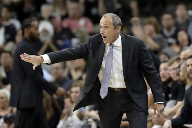 San Antonio Spurs assistant coach Ettore Messina signals to his players during the second half of an NBA basketball game against the New Orleans Pelicans, Wednesday, Feb. 28, 2018, in San Antonio. New Orleans won 121-116. (AP Photo/Eric Gay)