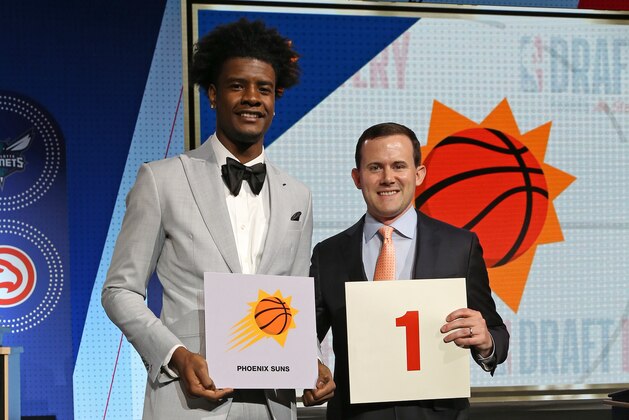 CHICAGO, IL - MAY 15:  Josh Jackson #20 of the Phoenix Suns and General Manager of the Phoenix Suns, Ryan McDonough pose for a photo after getting the number one pick in the 2018 NBA Draft during the NBA Draft Lottery on May 15, 2018 at The Palmer House Hilton in Chicago, Illinois. NOTE TO USER: User expressly acknowledges and agrees that, by downloading and or using this Photograph, user is consenting to the terms and conditions of the Getty Images License Agreement. Mandatory Copyright Notice: Copyright 2018 NBAE (Photo by Gary Dineen/NBAE via Getty Images)