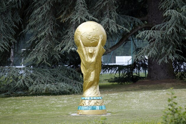 A sculpture of the Word Cup trophy is pictured at the Clairefontaine training center, outside Paris, Wednesday, May 23, 2018. (AP Photo/Christophe Ena)