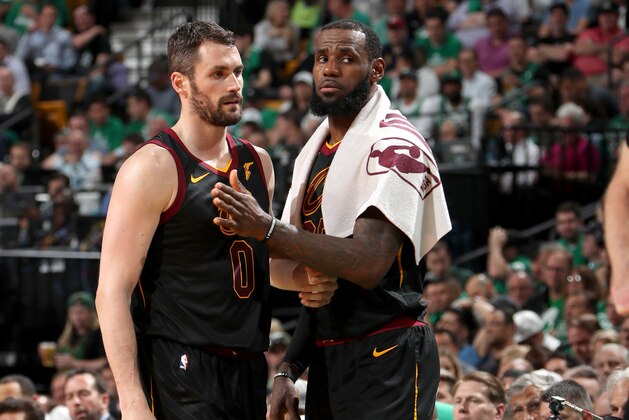 BOSTON, MA - MAY 23: Kevin Love #0 and LeBron James #23 of the Cleveland Cavaliers in Game Five of the Eastern Conference Finals against the Boston Celtics during the 2018 NBA Playoffs on May 23, 2018 at the TD Garden in Boston, Massachusetts. NOTE TO USER: User expressly acknowledges and agrees that, by downloading and/or using this photograph, user is consenting to the terms and conditions of the Getty Images License Agreement. Mandatory Copyright Notice: Copyright 2018 NBAE (Photo by Nathaniel S. Butler/NBAE via Getty Images)