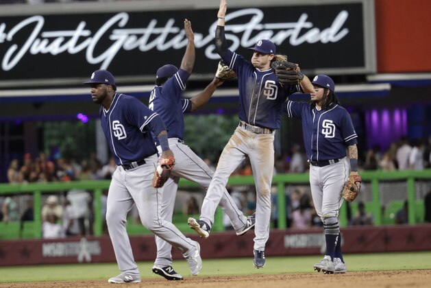 San Diego Padres left fielder Travis Jankowski, second from right, high fives second baseman Jose Pirela, second from left, after defeating the Miami Marlins 5-4 in a baseball game, Saturday, June 9, 2018, in Miami. (AP Photo/Lynne Sladky)