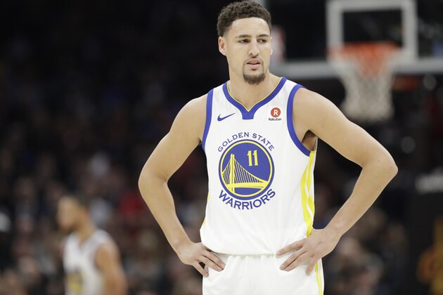 Golden State Warriors' Klay Thompson watches in the first half of Game 3 of basketball's NBA Finals against the Cleveland Cavaliers, Wednesday, June 6, 2018, in Cleveland. (AP Photo/Tony Dejak) Golden State Warriors' Klay Thompson watches in the first half of Game 3 of basketball's NBA Finals against the Cleveland Cavaliers, Wednesday, June 6, 2018, in Cleveland. (AP Photo/Tony Dejak)