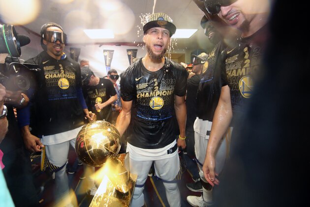 CLEVELAND, OH - JUNE 8: Stephen Curry #30 of the Golden State Warriors celebrates after Game Four of the 2018 NBA Finals against the Cleveland Cavaliers on June 8, 2018 at Quicken Loans Arena in Cleveland, Ohio. NOTE TO USER: User expressly acknowledges and agrees that, by downloading and/or using this photograph, user is consenting to the terms and conditions of the Getty Images License Agreement. Mandatory Copyright Notice: Copyright 2018 NBAE (Photo by Nathaniel S. Butler/NBAE via Getty Images)
