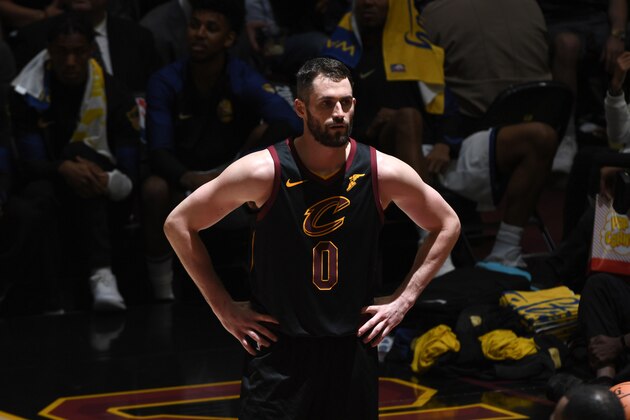 CLEVELAND, OH - JUNE 8:  Kevin Love #0 of the Cleveland Cavaliers looks on during the game against the Golden State Warriors during Game Four of the 2018 NBA Finals on June 8, 2018 at Quicken Loans Arena in Cleveland, Ohio. NOTE TO USER: User expressly acknowledges and agrees that, by downloading and or using this Photograph, user is consenting to the terms and conditions of the Getty Images License Agreement. Mandatory Copyright Notice: Copyright 2018 NBAE (Photo by Garrett Ellwood/NBAE via Getty Images)