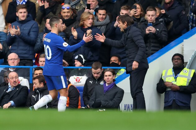 LONDON, ENGLAND - DECEMBER 02: Eden Hazard of Chelsea and Antonio Conte manager / head coach of Chelsea during the Premier League match between Chelsea and Newcastle United at Stamford Bridge on December 2, 2017 in London, England. (Photo by Catherine Ivill/Getty Images)