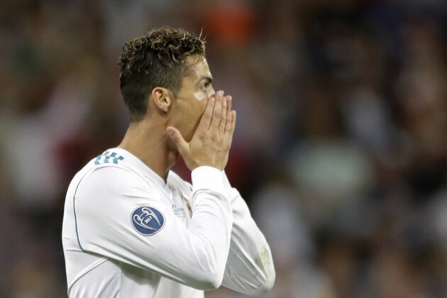 Real Madrid's Cristiano Ronaldo reacts during the Champions League Final soccer match between Real Madrid and Liverpool at the Olimpiyskiy Stadium in Kiev, Ukraine, Saturday, May 26, 2018. (AP Photo/Matthias Schrader)