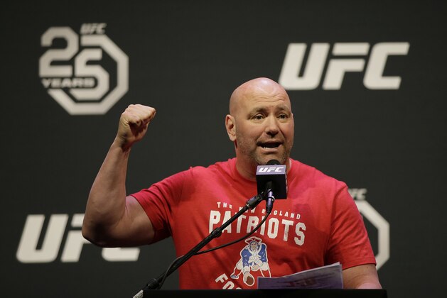 Dana White, president of the Ultimate Fighting Championship, the largest mixed martial arts organization in the world, opens a UFC weigh-in Friday, Jan. 19, 2018, in Boston. (AP Photo/Stephan Savoia)