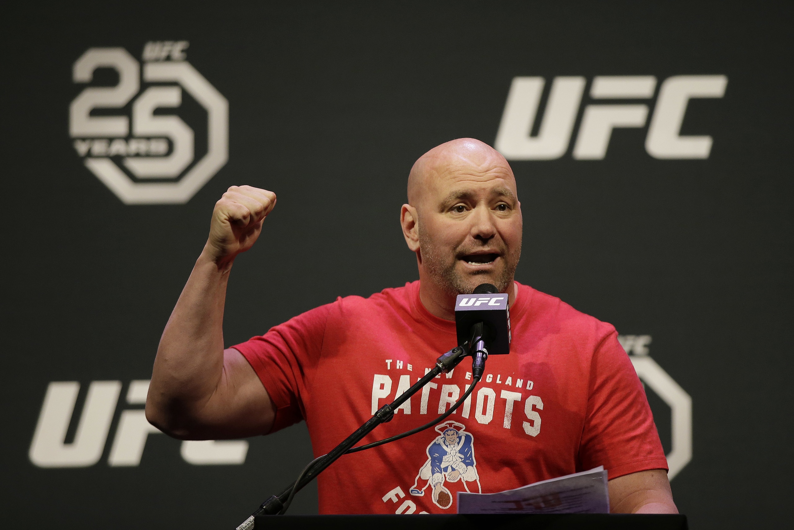 Dana White, president of the Ultimate Fighting Championship, the largest mixed martial arts organization in the world, opens a UFC weigh-in Friday, Jan. 19, 2018, in Boston. (AP Photo/Stephan Savoia) Dana White, president of the Ultimate Fighting Championship, the largest mixed martial arts organization in the world, opens a UFC weigh-in Friday, Jan. 19, 2018, in Boston. (AP Photo/Stephan Savoia)