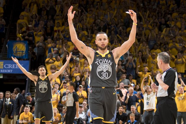 OAKLAND, CA - JUNE 3: Stephen Curry #30 of the Golden State Warriors reacts against the Cleveland Cavaliers in Game Two of the 2018 NBA Finals on June 3, 2018 at ORACLE Arena in Oakland, California. NOTE TO USER: User expressly acknowledges and agrees that, by downloading and or using this photograph, User is consenting to the terms and conditions of the Getty Images License Agreement. Mandatory Copyright Notice: Copyright 2018 NBAE (Photo by Nathaniel S. Butler/NBAE via Getty Images) OAKLAND, CA - JUNE 3: Stephen Curry #30 of the Golden State Warriors reacts against the Cleveland Cavaliers in Game Two of the 2018 NBA Finals on June 3, 2018 at ORACLE Arena in Oakland, California. NOTE TO USER: User expressly acknowledges and agrees that, by downloading and or using this photograph, User is consenting to the terms and conditions of the Getty Images License Agreement. Mandatory Copyright Notice: Copyright 2018 NBAE (Photo by Nathaniel S. Butler/NBAE via Getty Images)