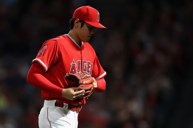 ANAHEIM, CA - JUNE 06:  Shohei Ohtani #17 of the Los Angeles Angels of Anaheim walks to the dugout after being taken out of the game during the fifth inning of a game against the Kansas City Royals at Angel Stadium on June 6, 2018 in Anaheim, California.  (Photo by Sean M. Haffey/Getty Images)