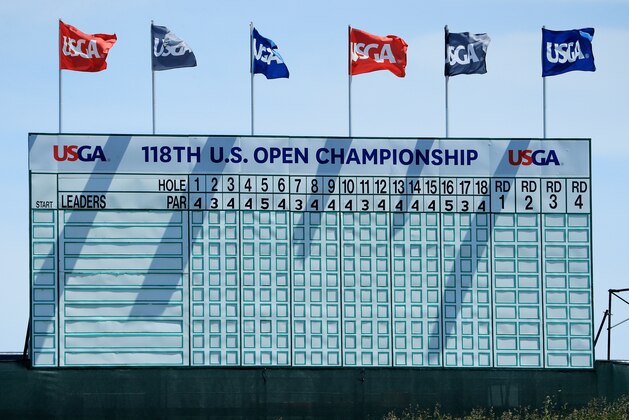 SOUTHAMPTON, NY - JUNE 11: An empty leaderboard is displayed during practice rounds prior to the 2018 U.S. Open at Shinnecock Hills Golf Club on June 11, 2018 in Southampton, New York.  (Photo by Andrew Redington/Getty Images)