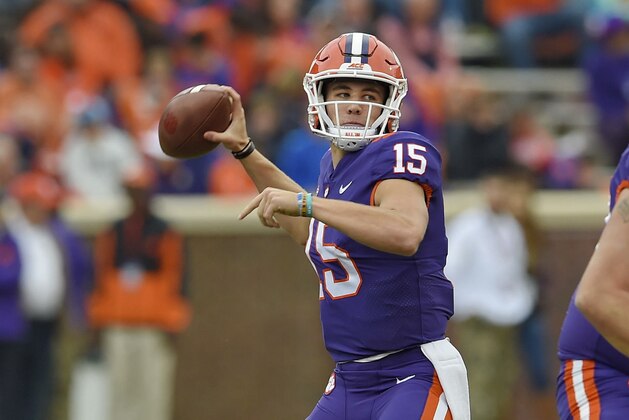 Clemson quarterback Hunter Johnson drops back to pass during the second half of an NCAA college football game against Citadel Saturday, Nov. 18, 2017, in Clemson, S.C. Clemson won 61-3. (AP Photo/Richard Shiro)