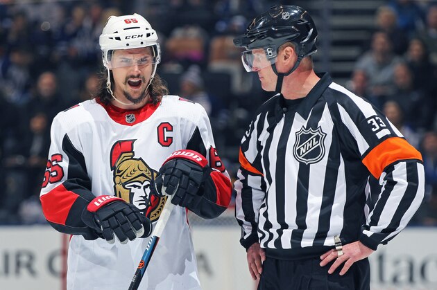 TORONTO, ON - FEBRUARY 10:  Erik Karlsson #65 of the Ottawa Senators voices his displeasure over a call during play against the Toronto Maple Leafs in an NHL game at the Air Canada Centre on February 10, 2018 in Toronto, Ontario, Canada. The Maple Leafs defeated the Senators 6-3. (Photo by Claus Andersen/Getty Images)