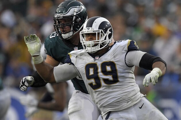 Los Angeles Rams defensive end Aaron Donald, right, gets past Philadelphia Eagles offensive tackle Lane Johnson during an NFL football game, Sunday, Dec. 10, 2017, in Los Angeles. (AP Photo/Mark J. Terrill) Los Angeles Rams defensive end Aaron Donald, right, gets past Philadelphia Eagles offensive tackle Lane Johnson during an NFL football game, Sunday, Dec. 10, 2017, in Los Angeles. (AP Photo/Mark J. Terrill)