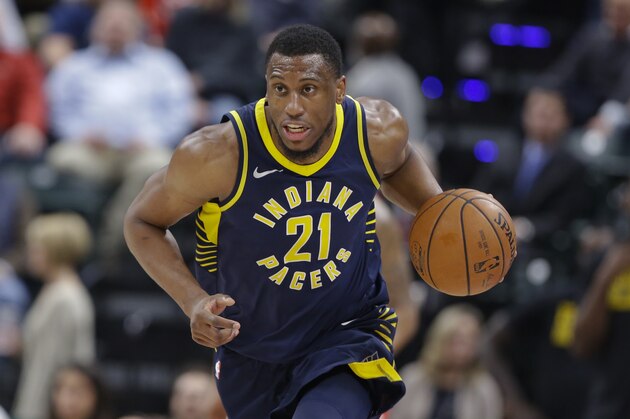 Indiana Pacers forward Thaddeus Young (21) brings the ball up court against the Washington Wizards during the second half of an NBA basketball game in Indianapolis, Monday, Feb. 5, 2018. The Washington Wizards defeated the Pacers 111-102. (AP Photo/Michael Conroy)