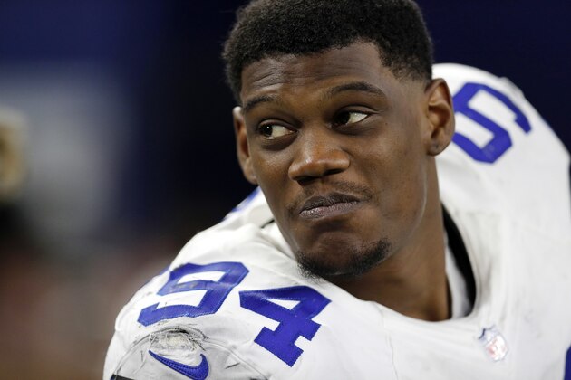 FILE - In this Dec. 26, 2016, file photo, Dallas Cowboys' Randy Gregory stands on the sideline late in the second half of an NFL football game against the Detroit Lions in Arlington, Texas. A person with direct knowledge of the application said Friday, May 18, 2018, that Gregory is set to seek reinstatement after missing the 2017 season over multiple violations of the NFL’s substance-abuse policy. (AP Photo/Brandon Wade, File)