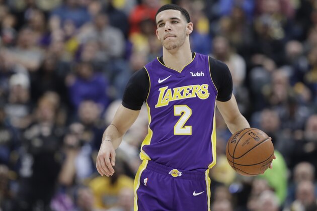 Los Angeles Lakers' Lonzo Ball in action during the first half of an NBA basketball game against the Indiana Pacers, Monday, March 19, 2018, in Indianapolis. (AP Photo/Darron Cummings)