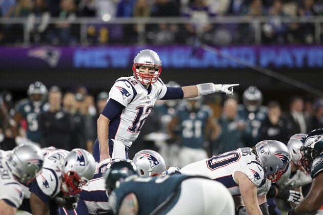 New England Patriots quarterback Tom Brady #12 call signals against the Philadelphia Eagles at Super Bowl 52 on Sunday, February 4, 2018 in Minneapolis. Philadelphia won the game 41-33.(AP Photo/Gregory Payan)