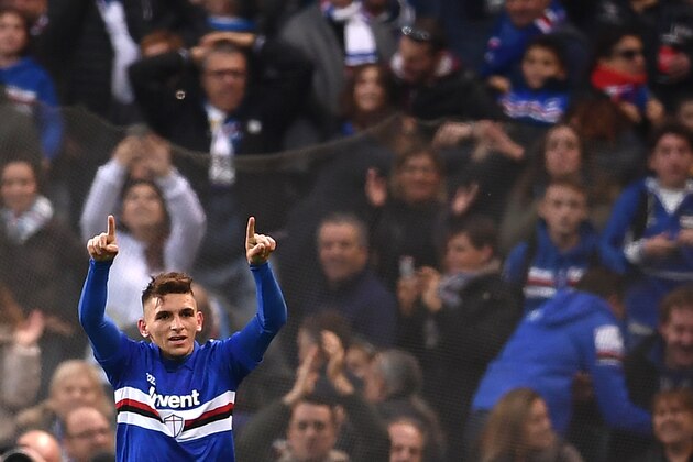 Sampdoria's midfielder Lucas Torreira of Uruguay celebrates after scoring during the Italian Serie A football match Sampdoria Vs Juventus on November 19, 2017 at the 'Luigi Ferraris' Stadium in Genoa. / AFP PHOTO / MARCO BERTORELLO        (Photo credit should read MARCO BERTORELLO/AFP/Getty Images)