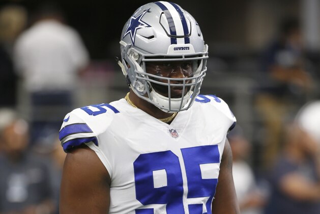 Dallas Cowboys' David Irving (95) warms up before an NFL football game against the Green Bay Packers on Sunday, Oct. 8, 2017, in Arlington, Texas. (AP Photo/Ron Jenkins)