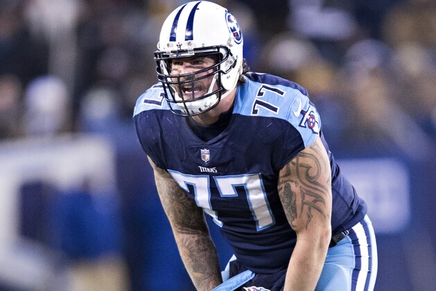 NASHVILLE, TN - DECEMBER 31:  Taylor Lewan #77 of the Tennessee Titans yells to the officials after a penalty during a game against the Jacksonville Jaguars at Nissan Stadium on December 31, 2017 in Nashville, Tennessee.  The Titans defeated the Jaguars 15-10.  (Photo by Wesley Hitt/Getty Images)