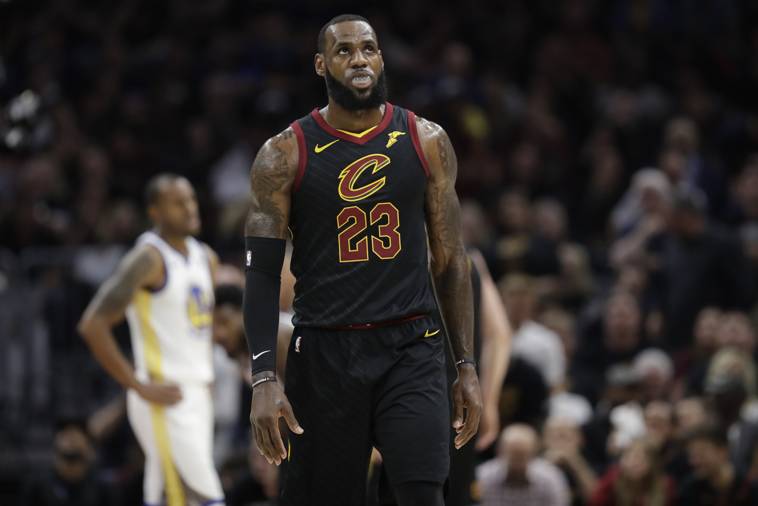 Cleveland Cavaliers' LeBron James in action in the first half of Game 4 of basketball's NBA Finals against the Golden State Warriors, Friday, June 8, 2018, in Cleveland. (AP Photo/Tony Dejak)