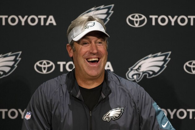PHILADELPHIA, PA - JUNE 12: Head coach Doug Pederson of the Philadelphia Eagles talks to the media prior to the start of Eagles OTA's at NovaCare Complex on June 12, 2018 in Philadelphia, Pennsylvania. (Photo by Mitchell Leff/Getty Images)