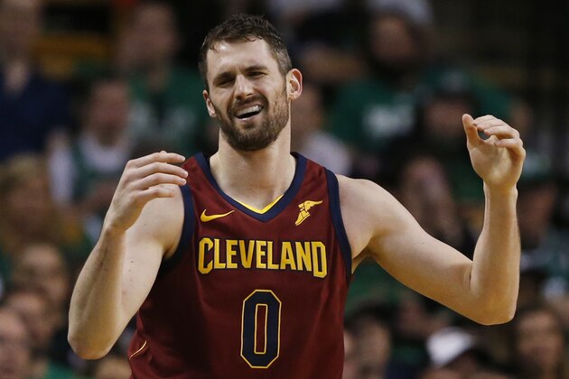 Cleveland Cavaliers center Kevin Love (0) reacts with frustration during the third quarter of Game 1 of the NBA basketball Eastern Conference Finals against the Boston Celtics, Sunday, May 13, 2018, in Boston. (AP Photo/Michael Dwyer)
