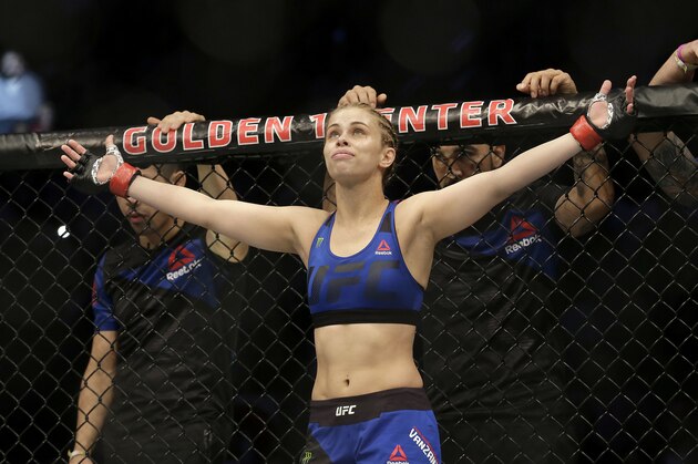 Paige VanZant before fighting Michelle Waterson UFC Fight Night mixed martial arts fight in Sacramento, Calif., Saturday, Dec. 17, 2016. (AP Photo/Jeff Chiu)