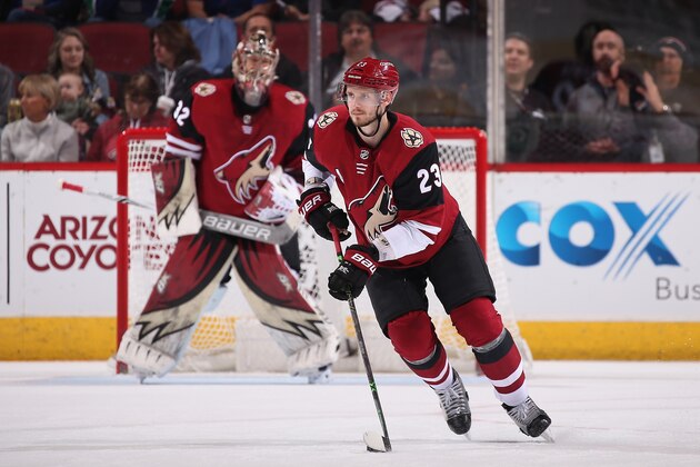 GLENDALE, AZ - JANUARY 22:  Oliver Ekman-Larsson #23 of the Arizona Coyotes skates with the puck ahead of goaltender Antti Raanta #32 during the NHL game against the New York Islanders at Gila River Arena on January 22, 2018 in Glendale, Arizona.  The Coyotes defeated the Islanders 3-2 in overtime.  (Photo by Christian Petersen/Getty Images)