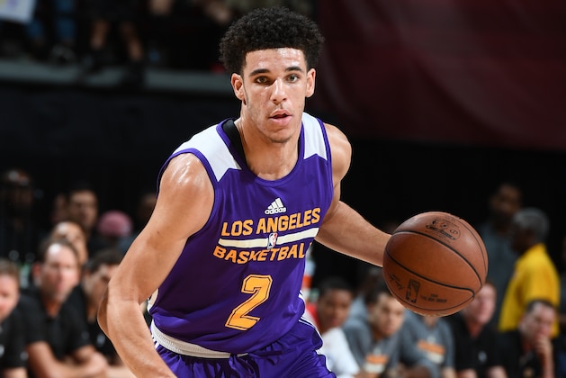 LAS VEGAS, NV - JULY 16: Lonzo Ball #2 of the Los Angeles Lakers handles the ball against the Dallas Mavericks during the 2017 Summer League Semifinals on July 16, 2017 at the Thomas & Mack Center in Las Vegas, Nevada. NOTE TO USER: User expressly acknowledges and agrees that, by downloading and/or using this Photograph, user is consenting to the terms and conditions of the Getty Images License Agreement. Mandatory Copyright Notice: Copyright 2017 NBAE (Photo by Garrett Ellwood/NBAE via Getty Images)