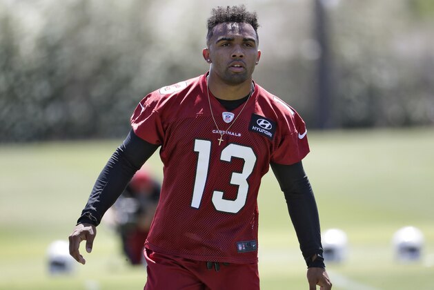 Arizona Cardinals' second-round draft pick Christian Kirk (13) runs drills during NFL football rookie camp Friday, May 11, 2018, in Tempe, Ariz. (AP Photo/Matt York