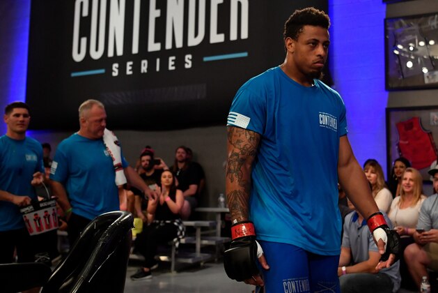 LAS VEGAS, NV - JUNE 12:  Greg Hardy prepares to enter the Octagon prior to his heavyweight bout against Austen Lane during Dana White's Tuesday Night Contender Series at the TUF Gym on June 12, 2018 in Las Vegas, Nevada. (Photo by Jeff Bottari/DWTNCS LLC)