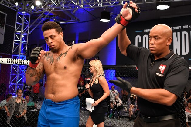 LAS VEGAS, NV - JUNE 12:  Greg Hardy celebrates after knocking out Austen Lane in their heavyweight bout during Dana White's Tuesday Night Contender Series at the TUF Gym on June 12, 2018 in Las Vegas, Nevada. (Photo by Jeff Bottari/DWTNCS LLC)