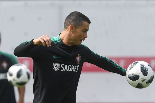 Portugal's forward Cristiano Ronaldo attends a training session at the team's base camp in Kratovo, on the outskirts of Moscow, on June 12, 2018, ahead of the Russia 2018 World Cup football tournament. (Photo by Francisco LEONG / AFP)        (Photo credit should read FRANCISCO LEONG/AFP/Getty Images)