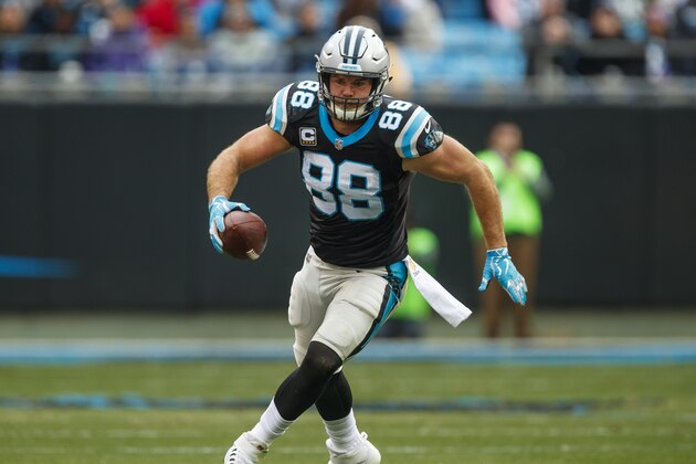 Carolina Panthers tight end Greg Olsen (88) runs with the ball against the Green Bay Packers during an NFL game in Charlotte, N.C. on Sunday, Dec. 17, 2017. (Chris Keane/AP Images for Panini)