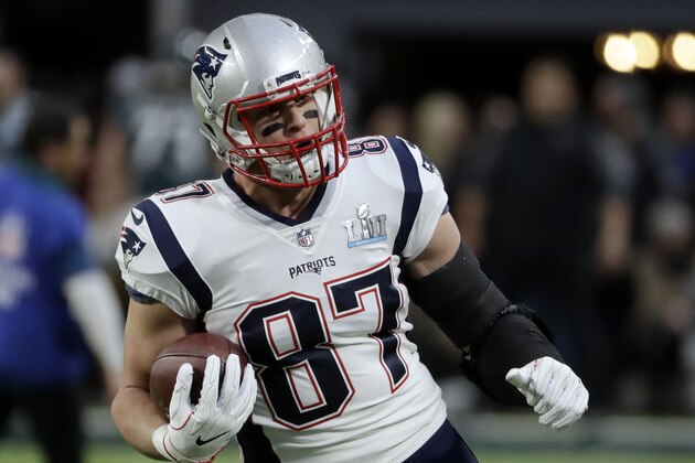 In this Feb. 4, 2018, photo, New England Patriots tight end Rob Gronkowski (87) warms up before the NFL Super Bowl 52 football game against the Philadelphia Eagles in Minneapolis. Gronkowski has paid a visit to a hospital in Maine, where he made a donation and met with kids. Hospital chief operating officer Jeffrey Sanders said Tuesday, Feb. 13, the hospital is grateful and added,
