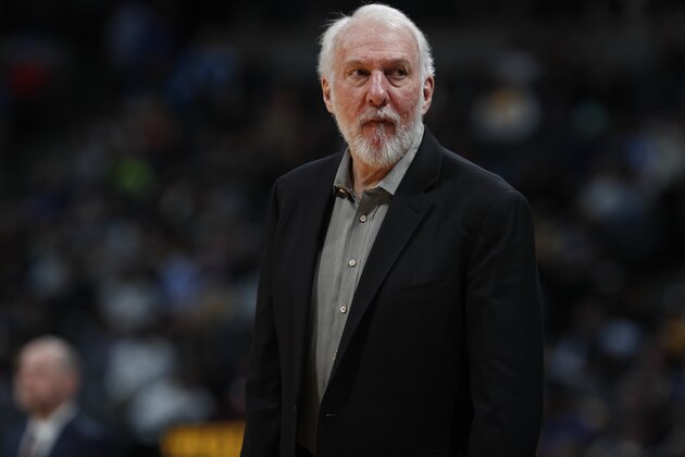San Antonio Spurs head coach Gregg Popovich in the second half of an NBA basketball game Tuesday, Feb. 13, 2018, in Denver. The Nuggets won 117-109. (AP Photo/David Zalubowski)