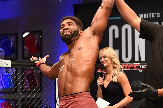 LAS VEGAS, NV - JUNE 12:  Chris Curtis celebrates after his TKO victory over Sean Lally in their welterweight bout during Dana White's Tuesday Night Contender Series at the TUF Gym on June 12, 2018 in Las Vegas, Nevada. (Photo by Jeff Bottari/DWTNCS LLC)