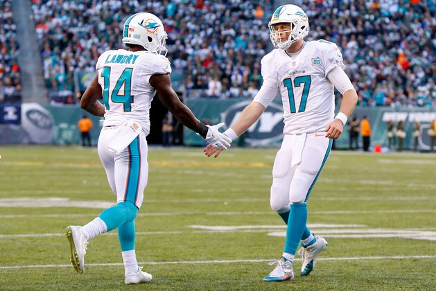 EAST RUTHERFORD, NJ - NOVEMBER 29:  (NEW YORK DAILIES OUT)     Ryan Tannehill #17 and  Jarvis Landry #14 of the Miami Dolphins in action against the New York Jets on November 29, 2015 at MetLife Stadium in East Rutherford, New Jersey. The Jets defeated the Dolphins 38-20.  (Photo by Jim McIsaac/Getty Images)