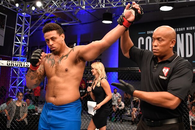 LAS VEGAS, NV - JUNE 12:  Greg Hardy celebrates after knocking out Austen Lane in their heavyweight bout during Dana White's Tuesday Night Contender Series at the TUF Gym on June 12, 2018 in Las Vegas, Nevada. (Photo by Jeff Bottari/DWTNCS LLC)