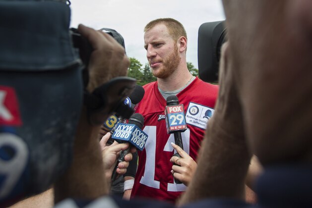 Philadelphia Eagles quarterback Carson Wentz talks to the media after practice at the NFL football team's training camp, Wednesday, June 13, 2018, in Philadelphia. (AP Photo/Chris Szagola)