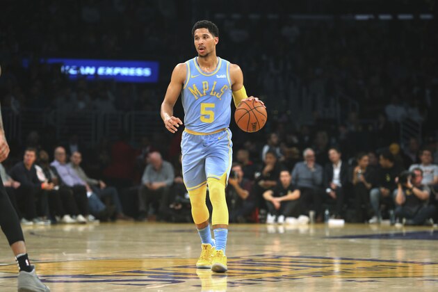 Los Angeles Lakers forward Josh Hart (5) during the second quarter of an NBA basketball game in Los Angeles Wednesday, April 4, 2018. The Lakers won in overtime 122-112. (AP Photo/Reed Saxon)