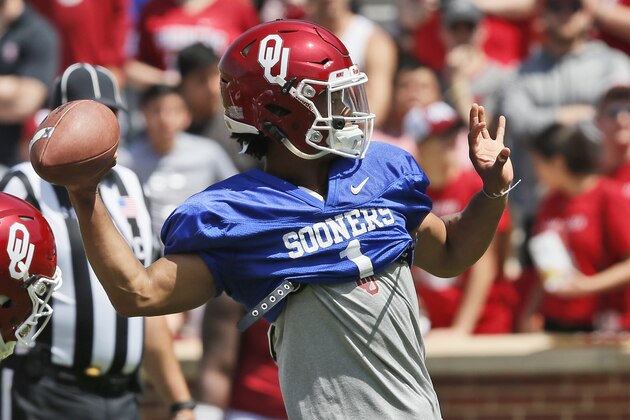 Oklahoma quarterback Kyler Murray during the annual Oklahoma NCAA college spring football game in Norman, Okla., Saturday, April 8, 2017. (AP Photo/Sue Ogrocki)