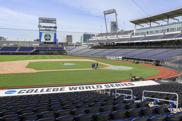 Grounds crew members work on the playing surface at TD Ameritrade Park, home of the NCAA baseball College World Series, in Omaha, Neb., Wednesday, June 13, 2018. Competition in the College World Series starts on Saturday June 16. (AP Photo/Nati Harnik)