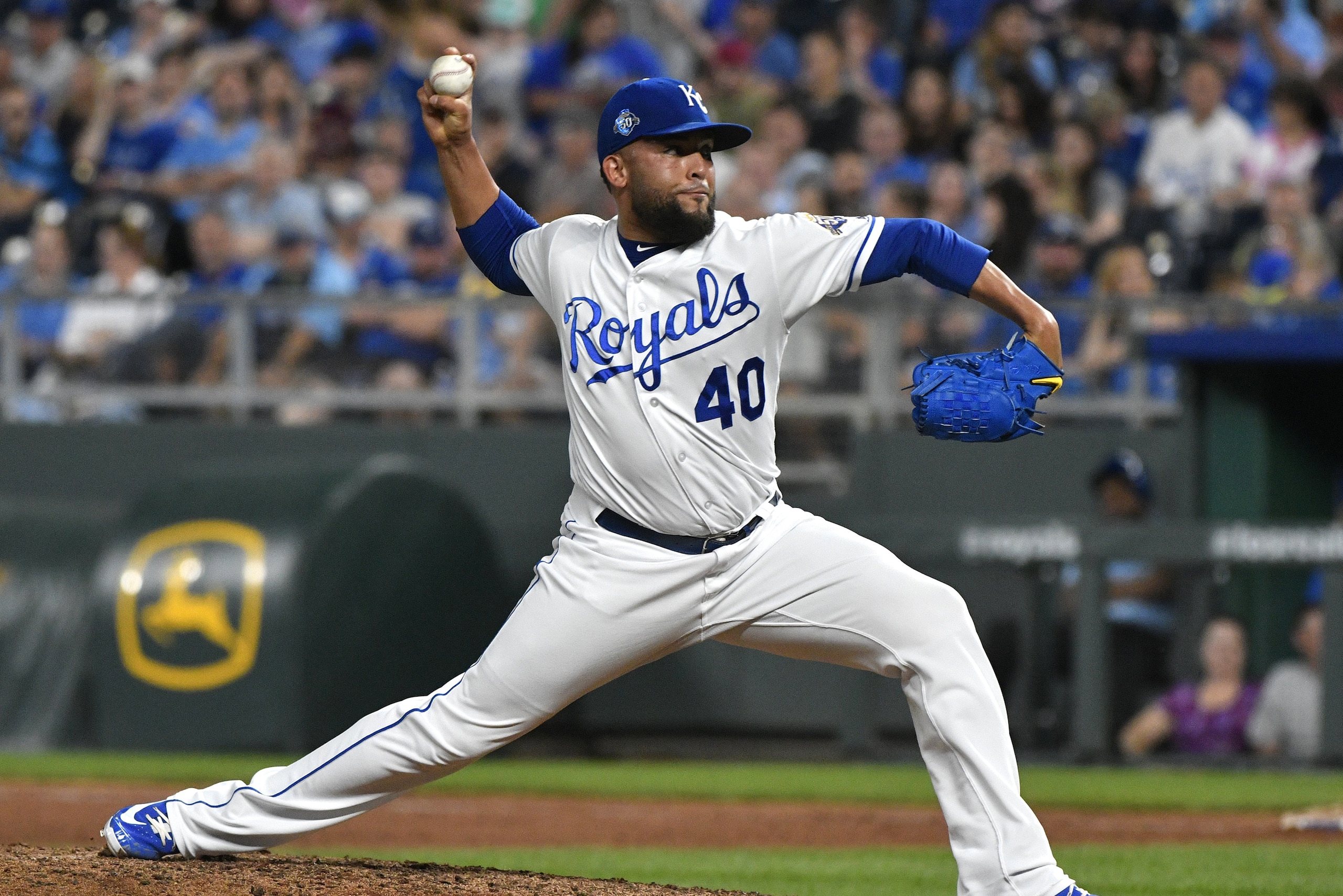 KANSAS CITY, MO - MAY 15: Kelvin Herrera #40 of the Kansas City Royals pitches in the ninth inning against the Tampa Bay Rays at Kauffman Stadium on May 15, 2018 in Kansas City, Missouri. (Photo by Ed Zurga/Getty Images)