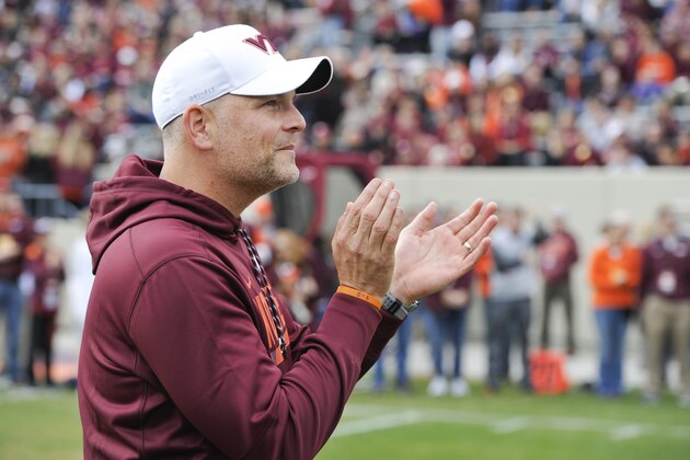 BLACKSBURG, VA - NOVEMBER 18: Head coach Justin Fuente of the Virginia Tech Hokies applauds during the senior ceremony prior to the game against the Pittsburgh Panthers at Lane Stadium on November 18, 2017 in Blacksburg, Virginia. (Photo by Michael Shroyer/Getty Images)